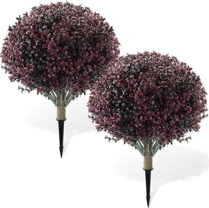 Yunlly 2 Pack 18" Artificial Boxwood Ball Bush Topiary Trees Fake Outdoor Plants, Realistic UV Resistance Faux Shrubs with Spike Greenery Topiary for Front Porch Garden Yard Patio Indoor (Dark Purple)-VerdiqueGarden