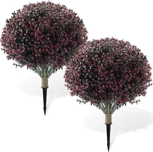 Yunlly 2 Pack 18" Artificial Boxwood Ball Bush Topiary Trees Fake Outdoor Plants, Realistic UV Resistance Faux Shrubs with Spike Greenery Topiary for Front Porch Garden Yard Patio Indoor (Dark Purple)-VerdiqueGarden