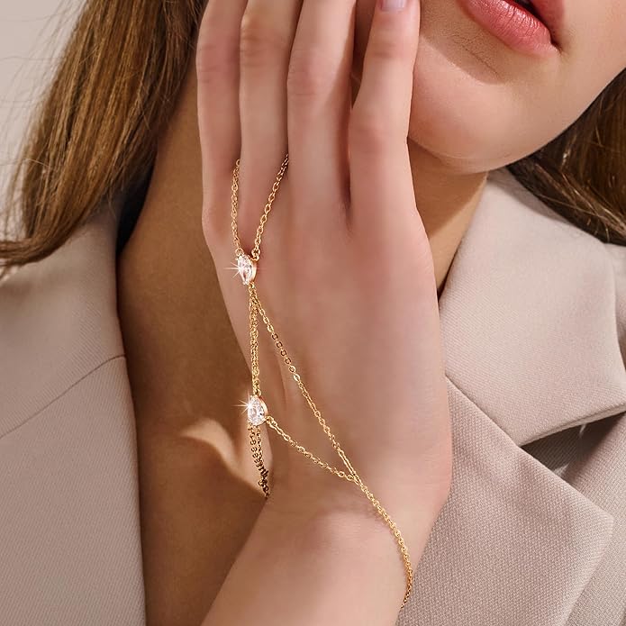 YOIHUR Champagne Gold Plated Hand Chains for Women, Adjustable Hand Chain Bracelet and Ring, Gold Hand Chain Bracelets Stack Jewellery Stars and Cubic Zirconia Hand Jewelry for Valentine's Day