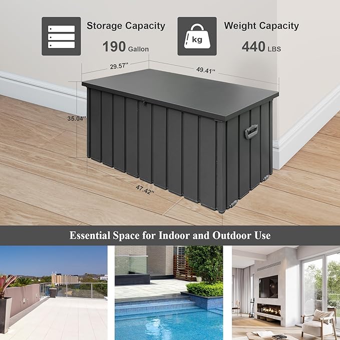 Domi Deck Box 190 Gallon, Waterproof Lockable Steel Outdoor Storage Container for Outside Cushions, Garden Tools and Pools Equipment, Gray-VerdiqueGarden
