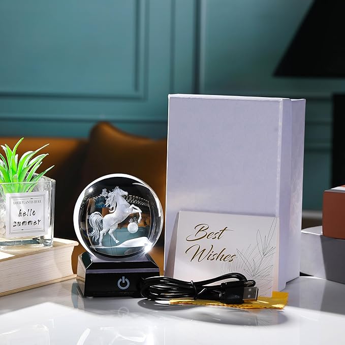 Qianwei Horse Gifts for Women 3D Crystal Ball 3.14'' - Laser Horse Decor Glass Animals Horse Gifts Figurines Statue Stuff for Room Decorations Horse Night Light-VerdiqueGarden