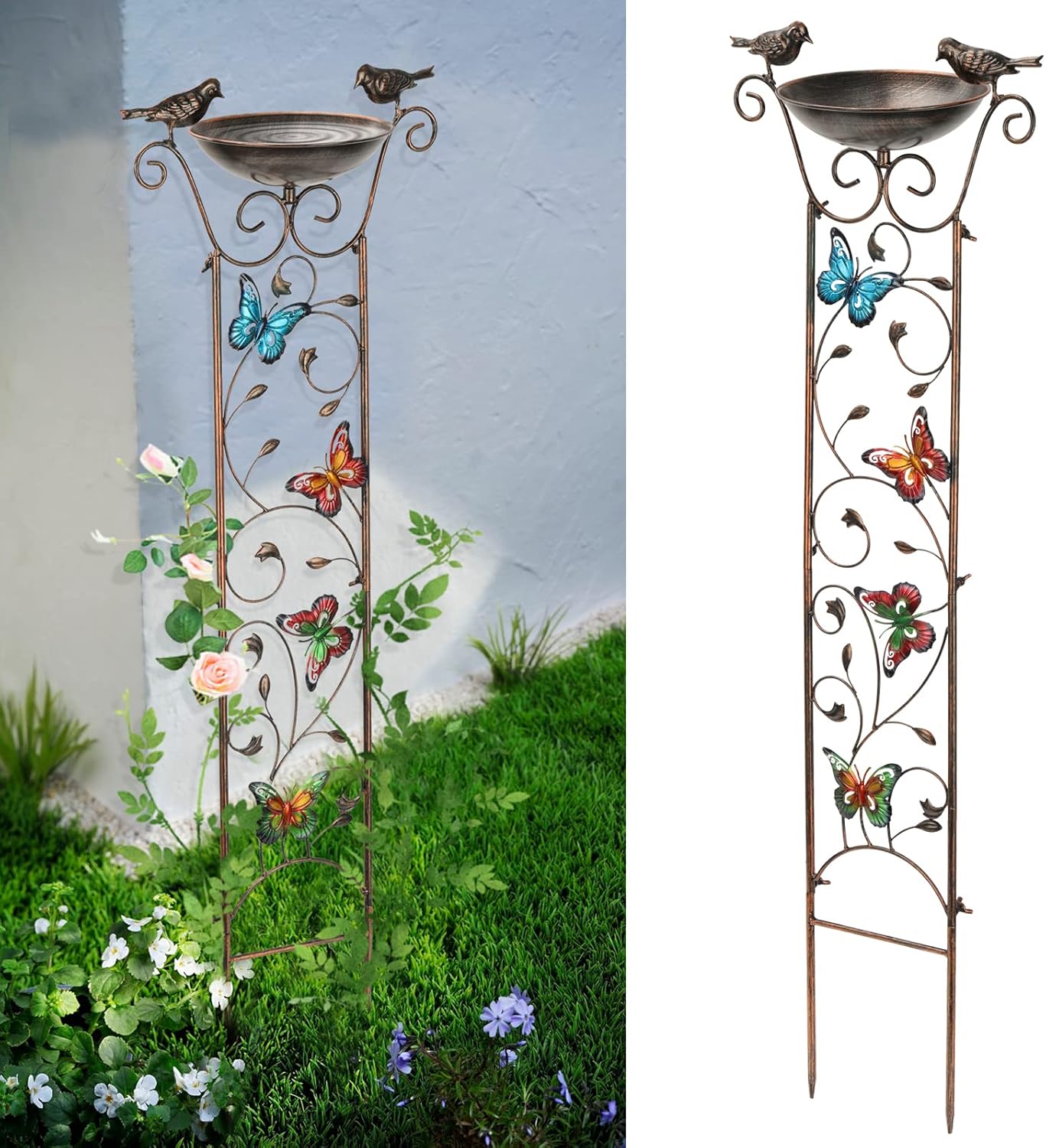 SUNNYPARK Bird Bath with Trellis Outdoor, Antique Garden Iron Trellis with Decorative Butterflies Detachable Bird Bowl Metal Potted Plants Support for Climbing Flowers-VerdiqueGarden