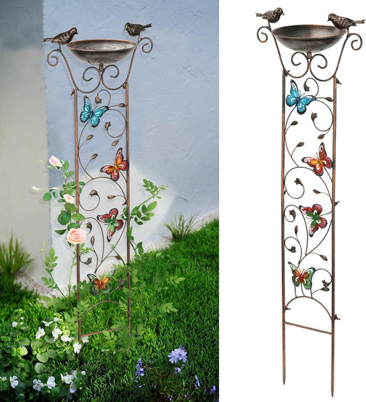 SUNNYPARK Bird Bath with Trellis Outdoor, Antique Garden Iron Trellis with Decorative Butterflies Detachable Bird Bowl Metal Potted Plants Support for Climbing Flowers-VerdiqueGarden