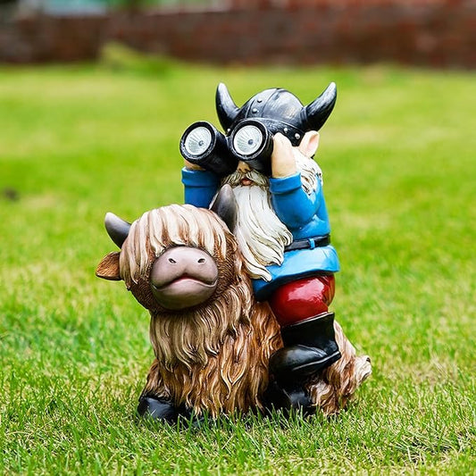 Garden Gnome Statues Resin Gnome Sitting on Highland Cow Solar Lights Outdoor Telescope Gnome Gifts for Yard, Patio Decor Gift(Cow Gnome)-VerdiqueGarden