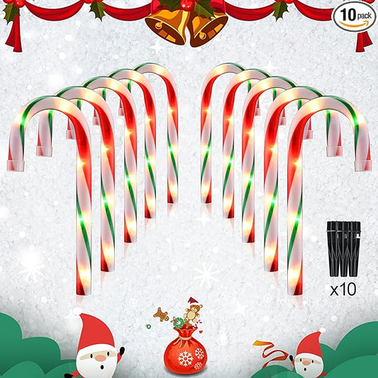 10" Christmas Candy Cane Lights - Set of 10 Pathway Markers Christmas Outdoor Yard Decorations, Xmas Candy Canes Stake Lights for Lawn Walkway Garden, Xmas Party Indoor Ornaments-VerdiqueGarden