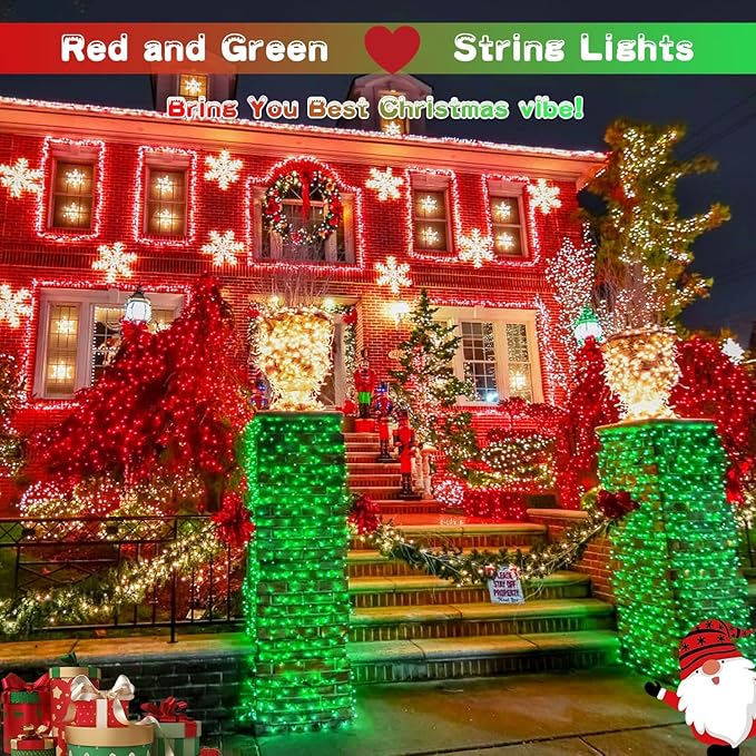 JMEXSUSS 200 LED Christmas String Lights Outdoor, Red & Green Christmas Lights Clear Wire, 11 Modes Connectable Twinkle String Lights Plug in for Christmas Halloween Garden Home Decorations-VerdiqueGarden