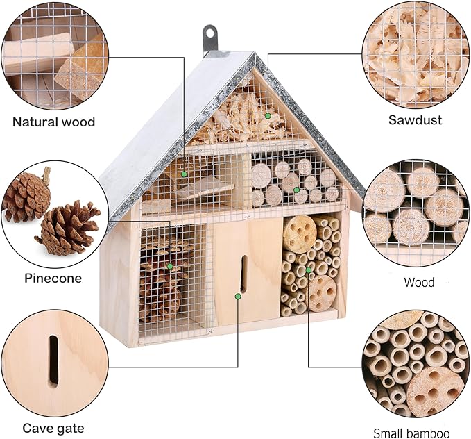 antiai Wooden Mason Insect Bee Butterfly House,Insect Hotel,an Outdoor Hanging Bamboo Habitat for Ladybugs Live,Bee Box,Butterfly Habitat for Garden,12.4 x 12 x 3.9 Inch-VerdiqueGarden