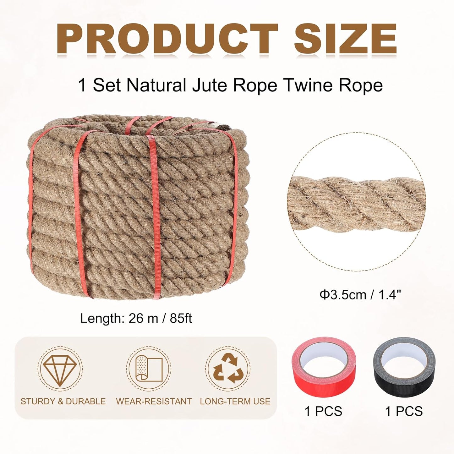 MECCANIXITY Jute Rope 1.4 Inch x 85ft, Thick Twine Rope Ropes Braided Jute Twine Natural Brown Burlap Cord String Heavy Twisted with Tapes for Decorative Crafts Railing Swing Tug of War-VerdiqueGarden