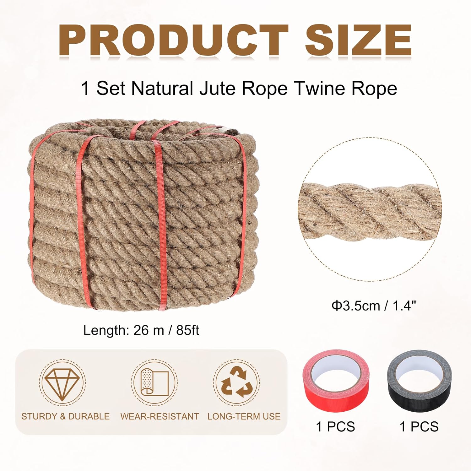 MECCANIXITY Jute Rope 1.4 Inch x 85ft, Thick Twine Rope Ropes Braided Jute Twine Natural Brown Burlap Cord String Heavy Twisted with Tapes for Decorative Crafts Railing Swing Tug of War-VerdiqueGarden