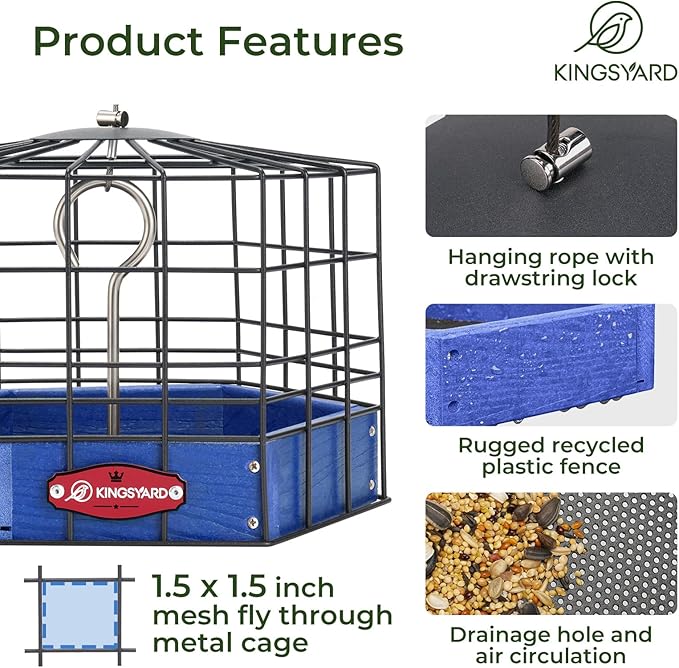 Kingsyard Squirrel Proof Platform Bird Feeder for Outdoor Hanging, Caged Bird Feeder for Bluebird Mealworm, Recycled Plastic Feeding Platform with Metal Mesh Tray, Special for Small Birds, Blue-VerdiqueGarden