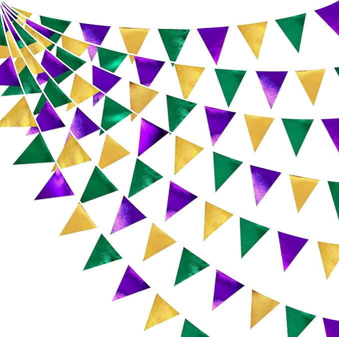 Mardi Gras Party Decorations Purple Green and Gold Metallic Fabric Triangle Pennant Banner Flag Hanging Bunting Garland for Birthday Wedding Baby Shower Bridal Shower Holiday Masquerade Party Supplies-VerdiqueGarden