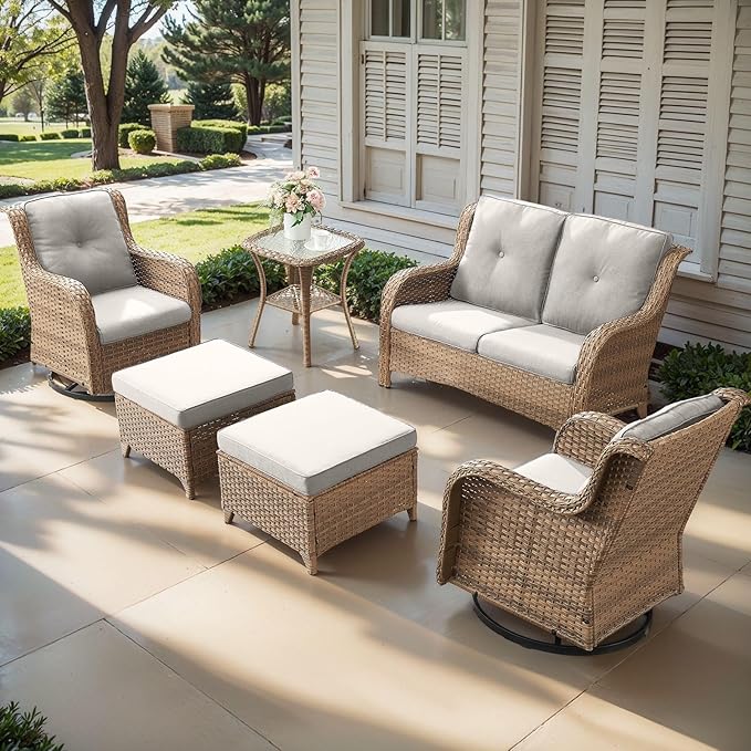 Outdoor Wicker Patio Furniture Set - 6 Piece Rattan Patio Conversation Set with 2 Rocking Swivel Chairs,2 Ottomans,1 Loveseat and 1 Side Table for Porch Deck Backyard Garden(Yellow/Beige)-VerdiqueGarden