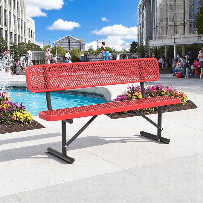 Heavy Duty Park Bench with Back Portable Frame, Outdoor Steel Bench with Backrest, Red Metal Bench Seat Expanded Metal Mesh Bench for Lawn, Park, Deck, Garden, Patio, Porch, Black (Red, 6FT)-VerdiqueGarden