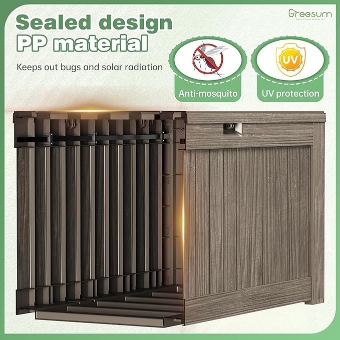 Greesum 120 Gallon Outdoor Storage Box with Lock - Large Resin Deck Box, Reinforced Lid for Garden, Patio, Lawn, Coffee-VerdiqueGarden