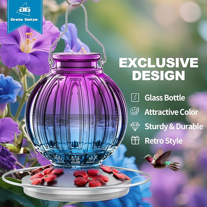 Glass Hummingbird Feeder for Outdoors Hanging, 26Oz Bird Nectar Feeder with Perch & 5 Flower Feeding Ports, Leak Proof for Outside Garden Decor Backyard, Gifts for Women Mom, Purple Blue-VerdiqueGarden