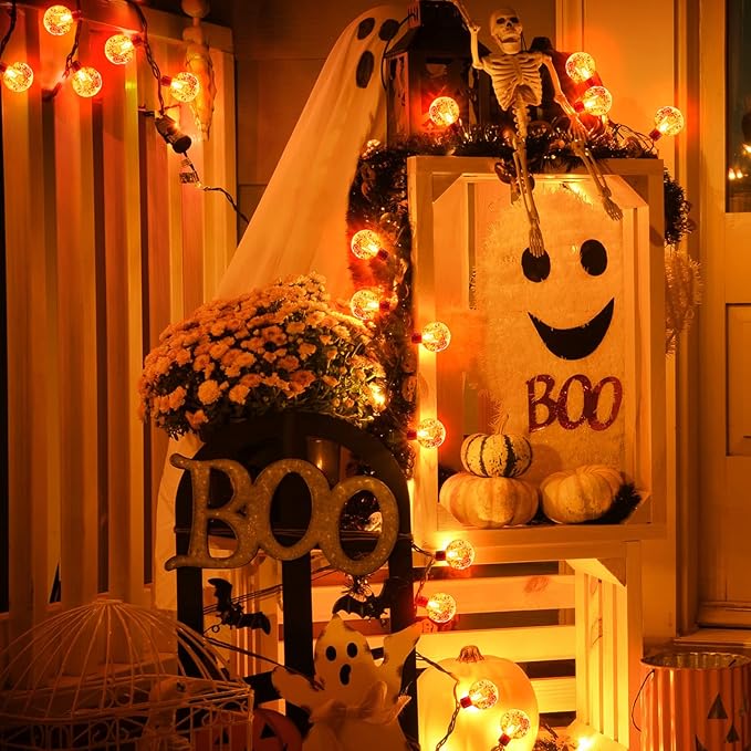Solar Halloween String Lights Outdoor 60 LED 36 Feet Crystal Globe String Lights with 8 Lighting Modes, Waterproof Solar Powered Patio Lights for Garden Yard Porch Decor (Orange)-VerdiqueGarden