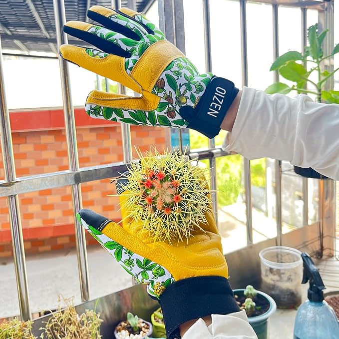 Cowhide Leather Thorn Proof & Puncture Resistant Gardening Gloves for Women, Touchscreen Compatible Working Gloves for Weeding, Digging, Planting, Gardening Gifts for Women (Green bellflowers, Medium)-VerdiqueGarden