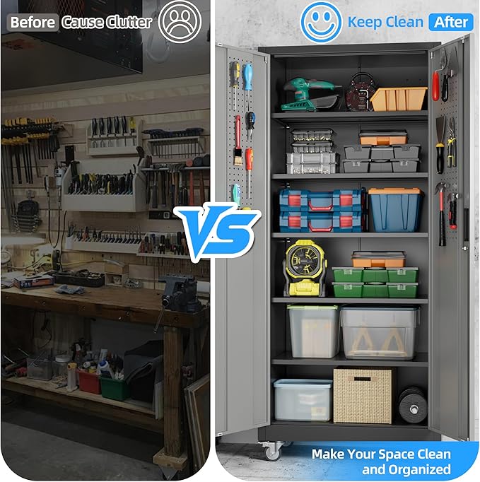 71" H×32" W×16" D Garage Storage Cabinet with Wheels & Pegboard, Locking Metal Storage Cabinet with Doors and 5 Adjustable Shelves & & 4 Hooks for Garage Warehouse Home Office, Black and Gray-VerdiqueGarden