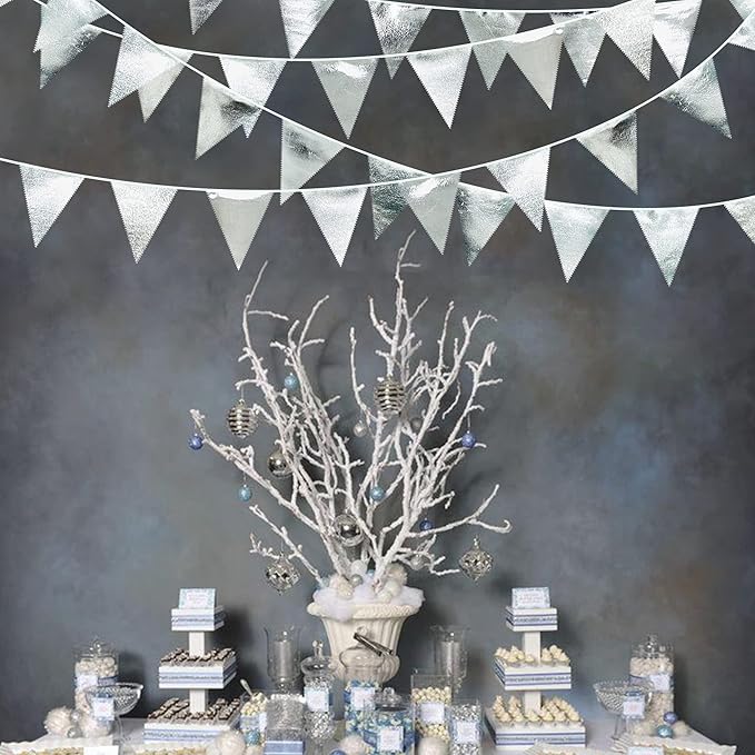 Silver Party Decorations Metallic Fabric Triangle Pennant Banner Silver Flag Bunting Garland for Graduation Birthday Wedding Bridal Shower Anniversary Engagement Bachelorette Party Decoration Supplies-VerdiqueGarden