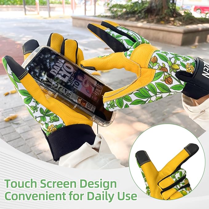 Cowhide Leather Thorn Proof & Puncture Resistant Gardening Gloves for Women, Touchscreen Compatible Working Gloves for Weeding, Digging, Planting, Gardening Gifts for Women (Green bellflowers, Medium)-VerdiqueGarden