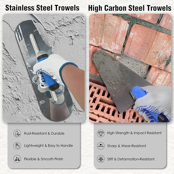 10PCS Concrete Trowel Set, Masonry Hand Tool Set Includes Large Flat Finishing and Pool Trowel, Wood Float, Concrete Edger and Groover, Margin Gauging, Wire Twister, Gloves & Carry Bag-VerdiqueGarden