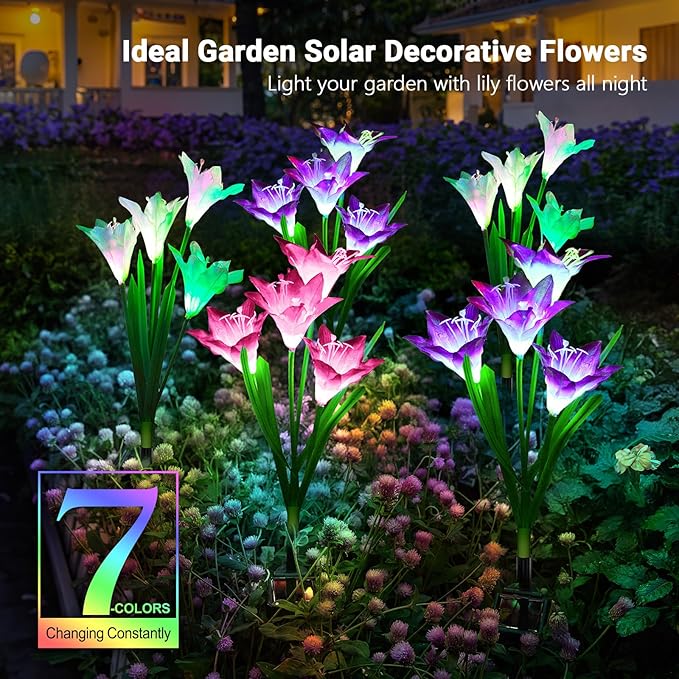 WdtPro Solar Lights Outdoor Garden Decorative Flowers 6 Pack, Waterproof Solar Garden Lights with 24 Lily Flowers, Multi Color Changing LED Solar Powered Landscape Lights for Yard Garden Patio-VerdiqueGarden