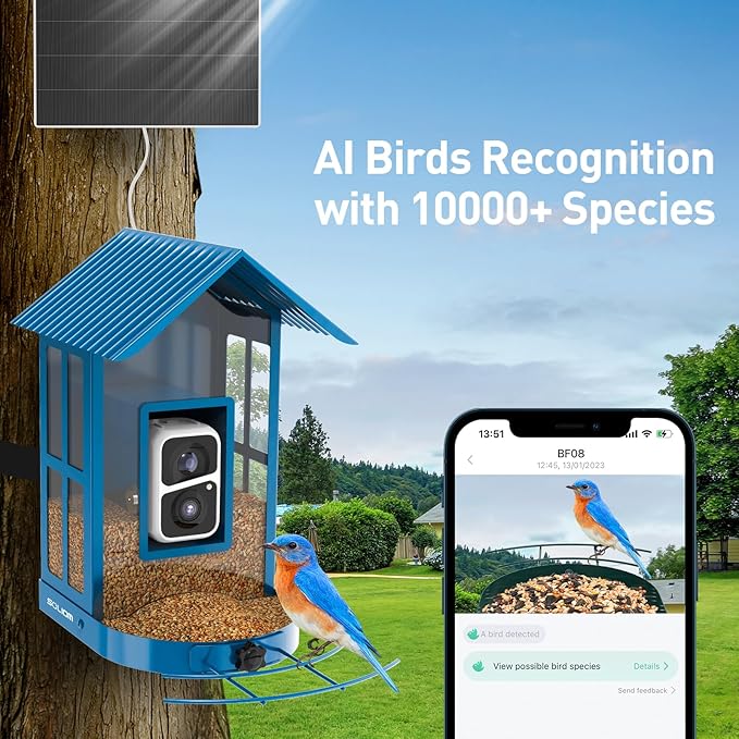 Bird Feeder with Camera with AI Identify Species, Wild Bird Watching, 2K Live View, Instant Arrival Alerts with 5W Solar Powered-Soliom BF08 Metal Blue-VerdiqueGarden