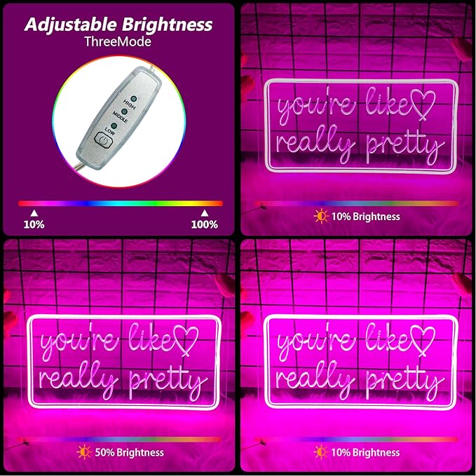 You're Like Really Pretty Neon Sign for Wall Decor, Dimmable LED Neon Lights for Bedroom, USB Powered Light Up Signs for Home Birthday Party Wedding Beauty Salon Decoration Pink LED Neon Signs-VerdiqueGarden