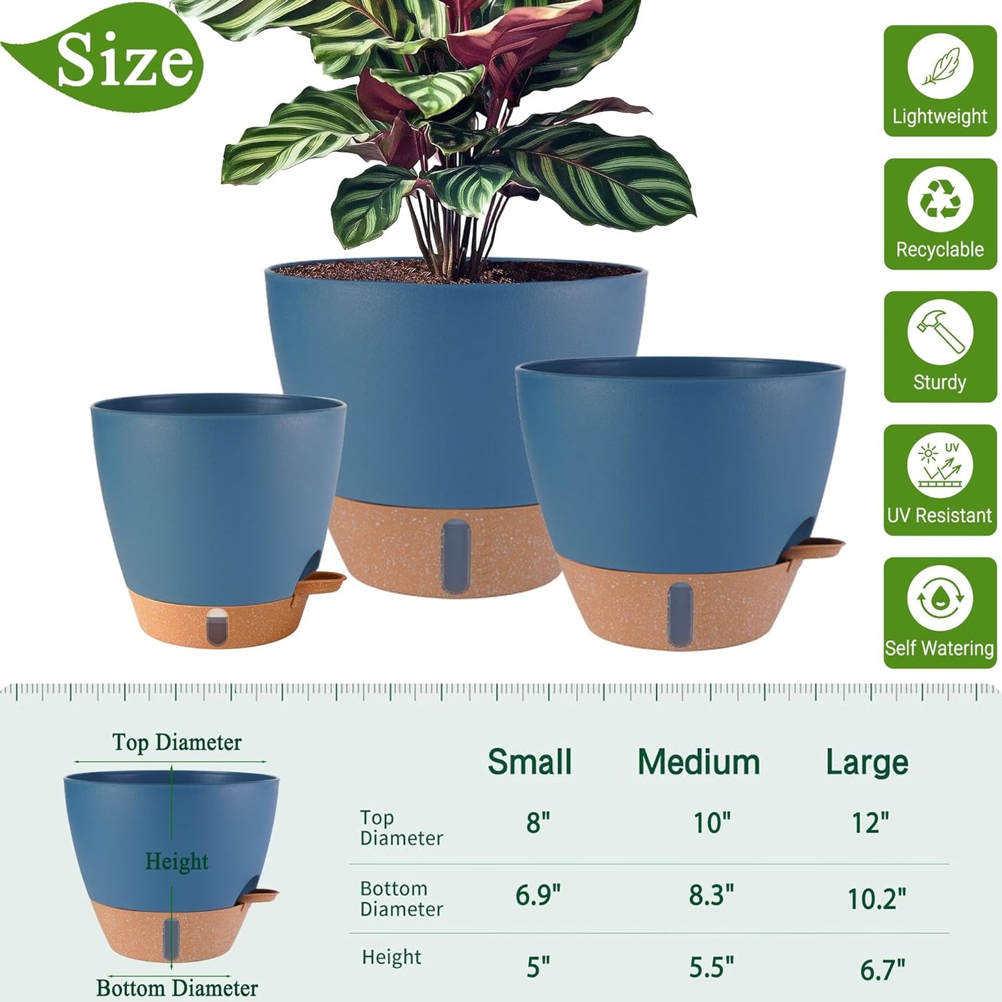12/10/8 inch Plant Pots, Large Plastic Self Watering Planters with Drainage Holes, Deep Reservoir, Water Level Indicator, Modern Decorative Flower Pots for Indoor Outdoor Plants (Navy Blue, 12/10/8)-VerdiqueGarden