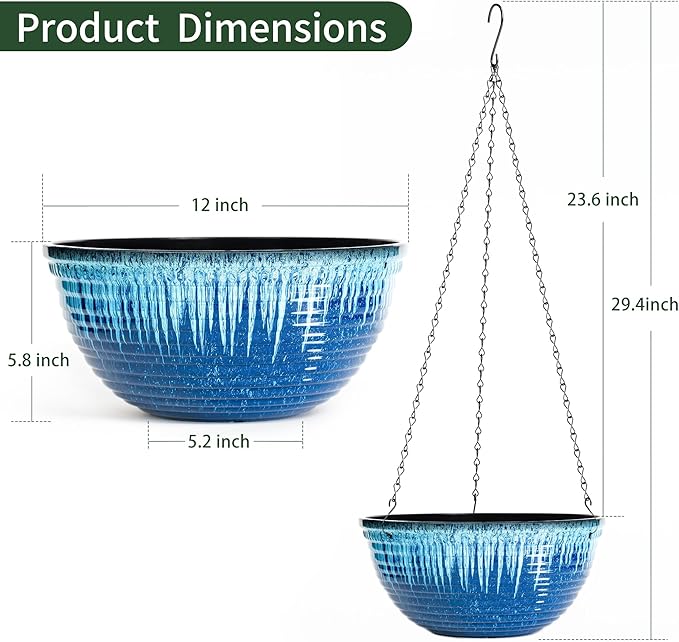 12 inch Hanging Planters for Indoor Outdoor Plants, 2 Pack Large Hanging Flower Pots with Drainage Holes and Chain, Glazed Hanging Baskets for Home Garden Decoration (Blue Flow Glaze)-VerdiqueGarden