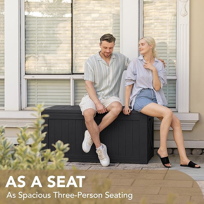 Devoko 120 Gallon Deck Box Resin Outdoor Storage Box Waterproof for Patio, Large Outdoor Storage Bench Lockable for Outside (Black)-VerdiqueGarden