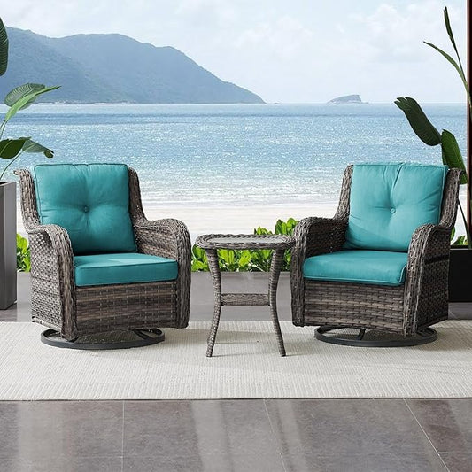 Outdoor Swivel Rocker Wicker Chairs Set of 3, High Back Swivel Patio Chairs Wicker Furniture Set, 2 PCS Rattan Swivel Rocking Chair with Side Table, Turquoise-VerdiqueGarden