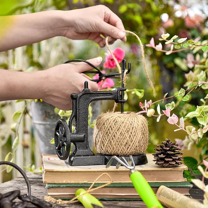 Sungmor Cast Iron Twine Holder and Scissors Set, Vintage Jute Twine Garden String Holder, Decorative Twine Dispenser with Cutter for Crafting, Gardening, Gift Wrapping, Sewing Machine Shape-VerdiqueGarden