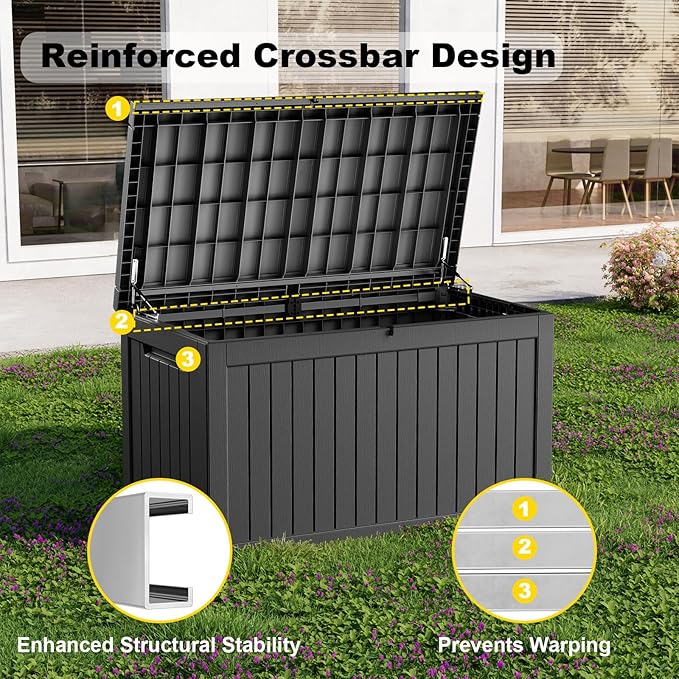 230 Gallon Outdoor Deck Box,Storage Lockable Waterproof Patio Furniture,Garden Tools,Cushions,Pool Accessories Outside Storage Resin Box(Black)-VerdiqueGarden