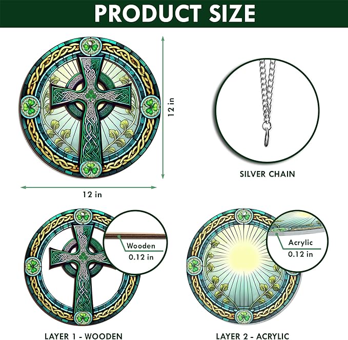 St Patricks Day Decorations - Irish Gifts for Men Women Friends Family, St Patricks Day Accessories, Celtic Cross Home Decor - Double Layered Hanging Suncatcher 12 in-VerdiqueGarden