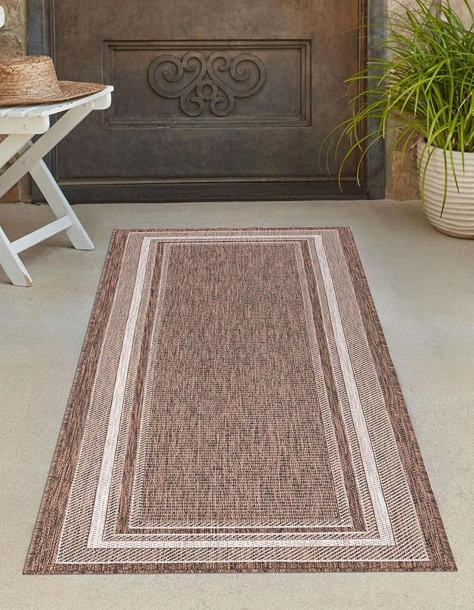 Unique Loom Outdoor Border Collection Area Rug - Soft Border (2' x 8' Runner, Brown/ Ivory)-VerdiqueGarden