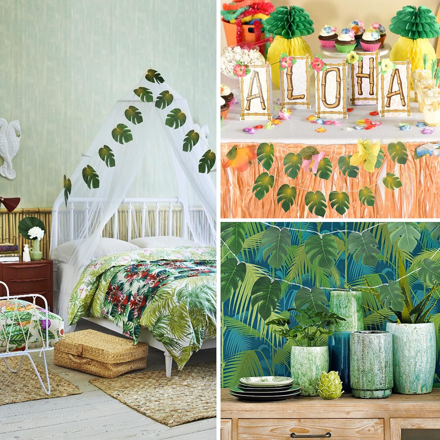 RECUTMS Monstera Leaf String Lights 2 Pack, 20LED Tropical Artificial Rattan Palm Green Leaves Wall Hanging Vine Greenery,Outdoor Indoor Hawaiian Luau Jungle Safari Beach Theme Party Summer Decoration-VerdiqueGarden