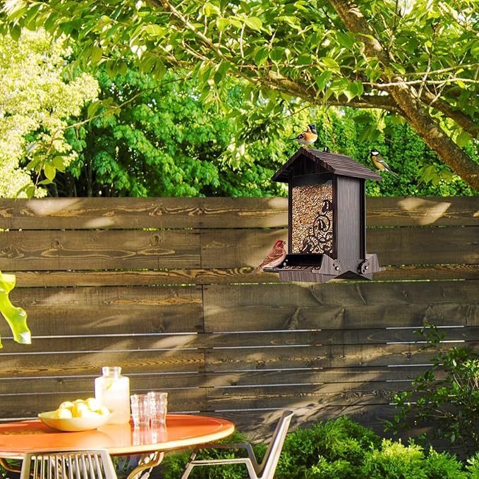 Squirrel Proof Bird Feeder for Outdoor Hanging,Metal Bird Seed Feeder with Bilateral Weight Activated Perches,5LB Large Capacity Wild Bird Feeders for Outside,Easy Refill and Clean,Brown-VerdiqueGarden