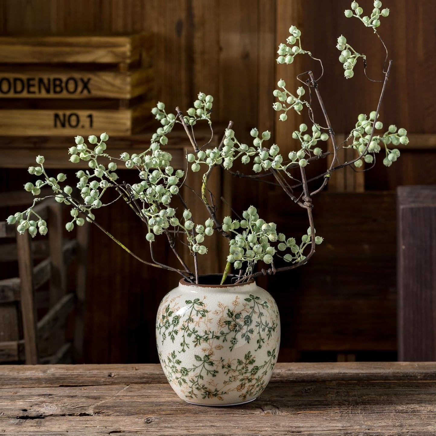 Vintage Green and Beige Round Pastoral Vase, Round Ceramic Floral Vases, Retro Ice Cracked Chinoiserie Vase for Home Decor, Living Room, Bookshelf, Office, Rustic Table Centerpiece 6.7 Inch-VerdiqueGarden