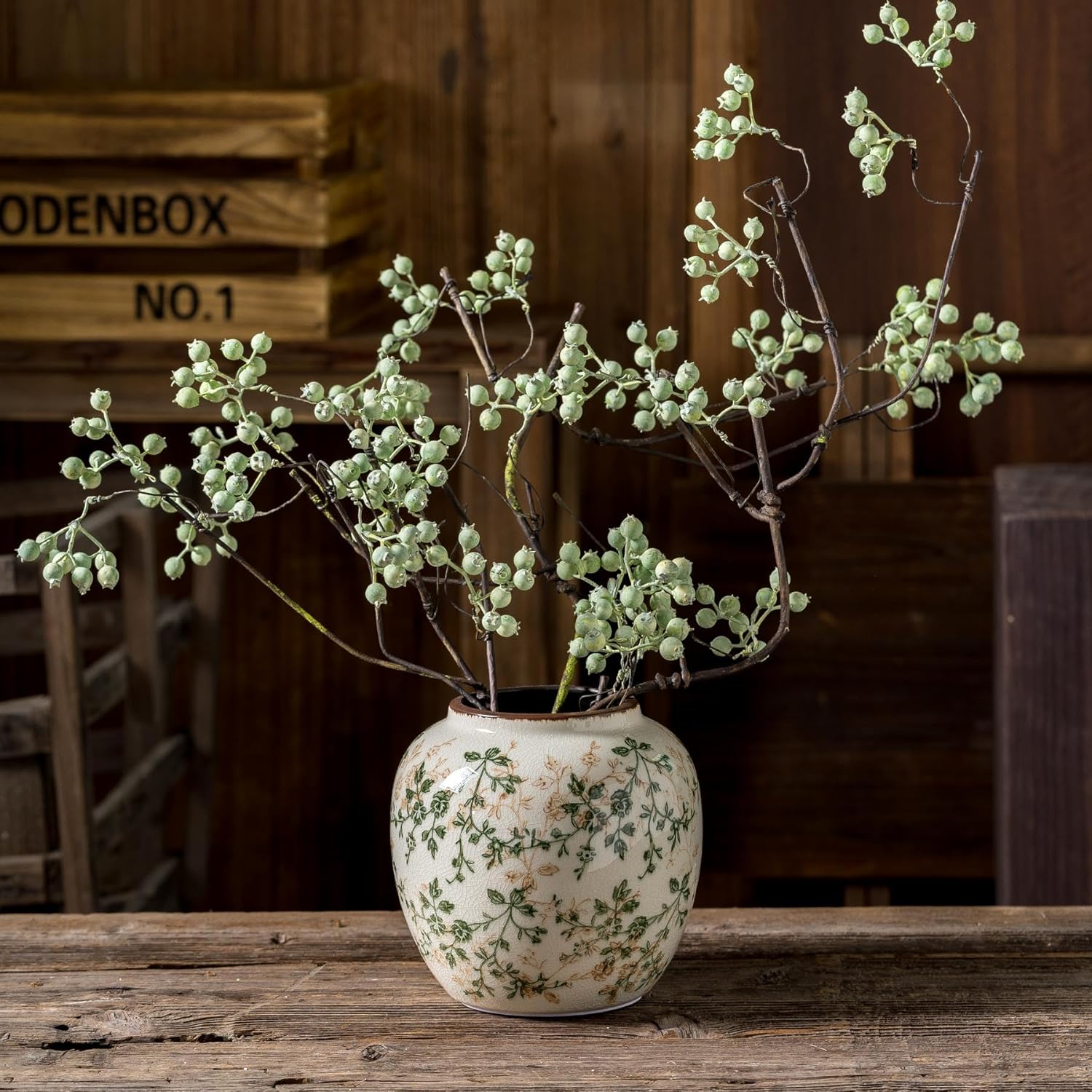 Vintage Green and Beige Round Pastoral Vase, Round Ceramic Floral Vases, Retro Ice Cracked Chinoiserie Vase for Home Decor, Living Room, Bookshelf, Office, Rustic Table Centerpiece 6.7 Inch-VerdiqueGarden