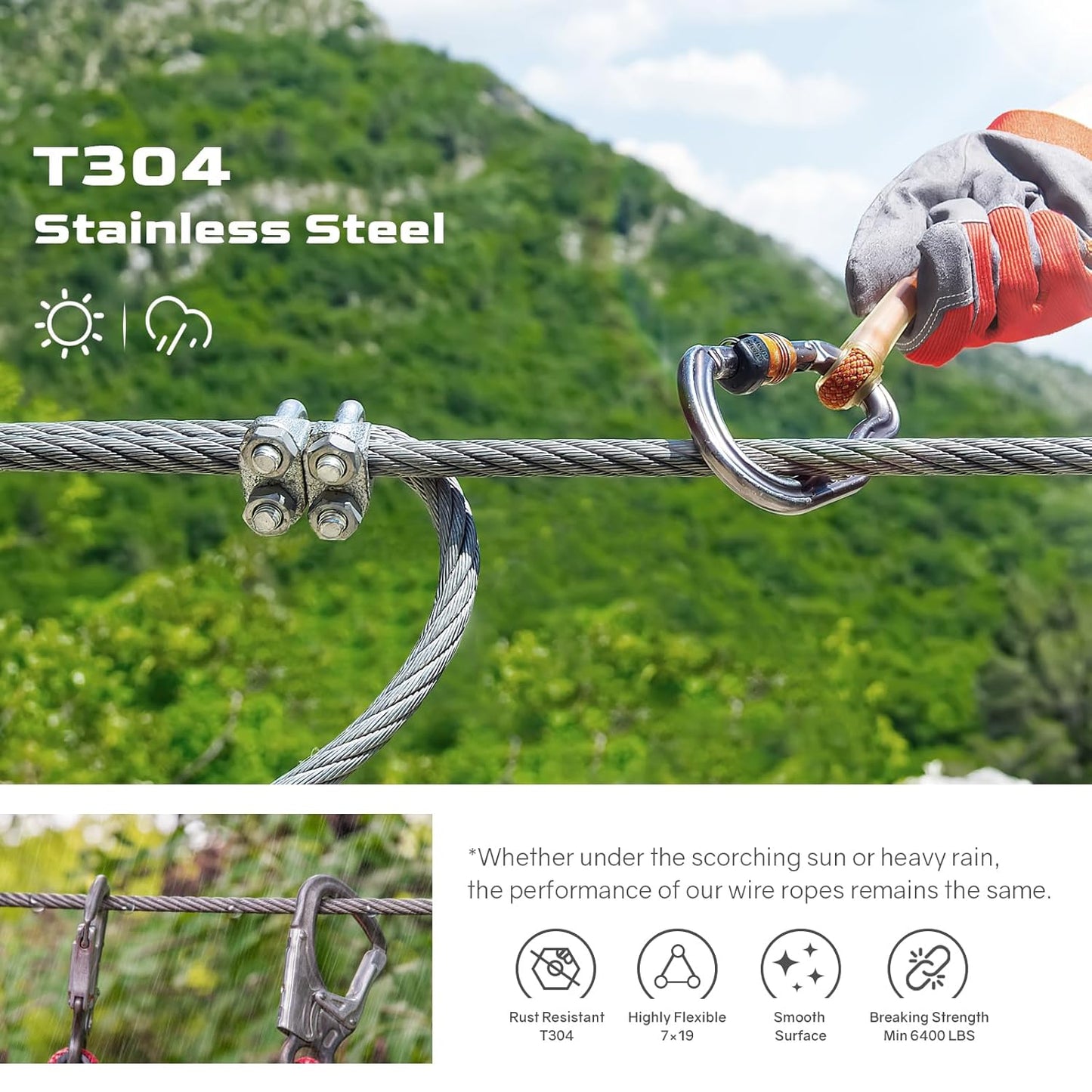 NEREUS 1/4" Stainless Steel Cable 400FT, 7x19 Strand Heavy-Duty Wire Rope, 6400 lbs Breaking Strength for Backyard Zipline, Deck Railing, Clotheslines and Outdoor Use-VerdiqueGarden