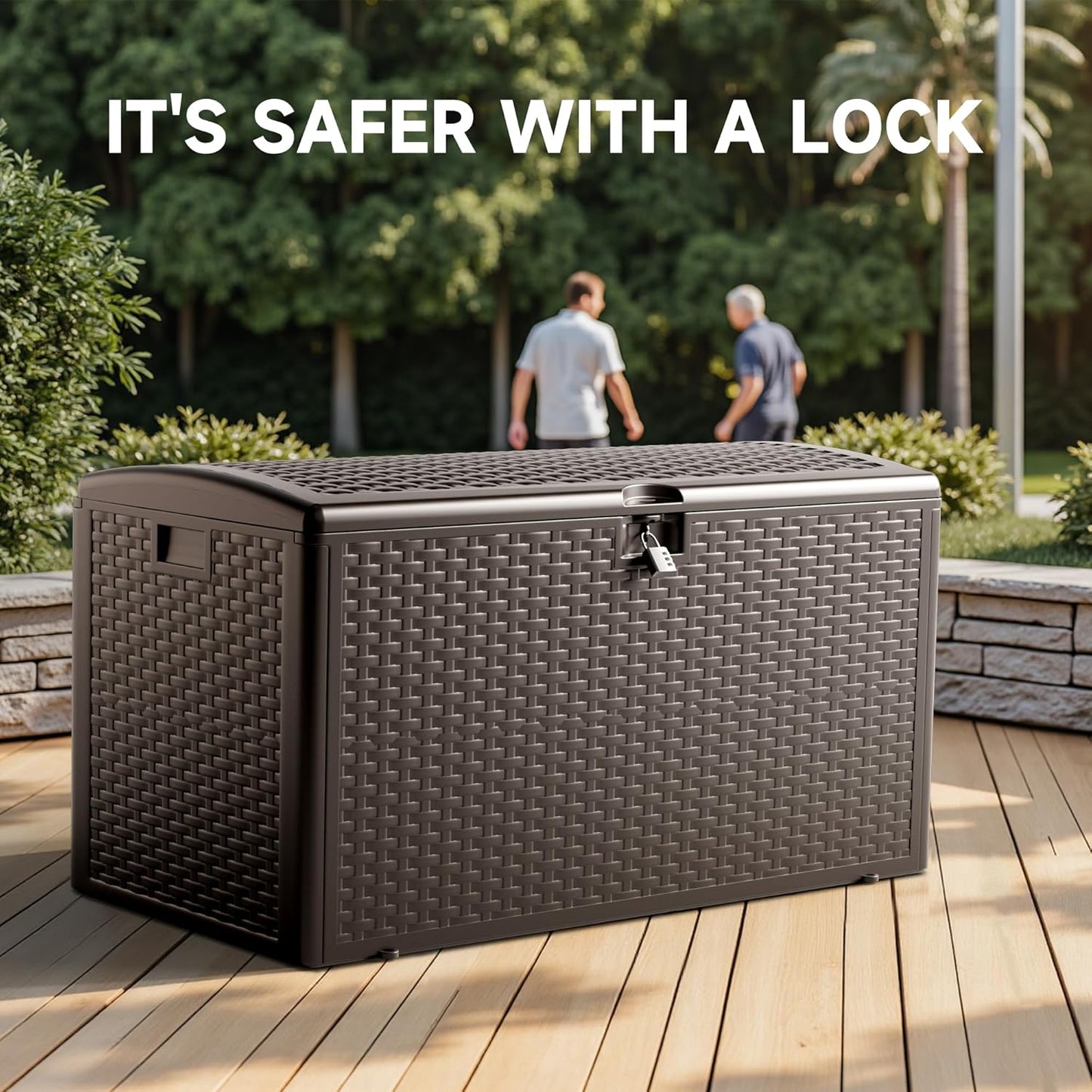 73 Gallon Deck Box, Double Layer Waterproof Resin Outdoor Indoor Storage Box, Lockable & UV Resistant Storage Bin for Patio Furniture, Garden Tools, Pool Accessories (Brown)-VerdiqueGarden