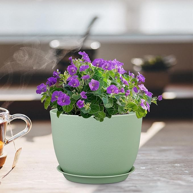 12 inch Big Plant Pots, Plastic Planters with Drainage Holes and Trays, Flower Pots for Indoor Outdoor Plants, Modern Decorative Pots for Garden House Plants, Green-VerdiqueGarden