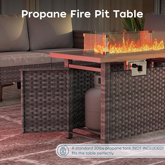 Propane Fire Pit Table Outdoor, 44" 60000BTU Auto-Ignition Fire Pits Table with Wind Guard Square Large Wicker Propane Firepits for Porch Garden(Grey,CSA Certified)-VerdiqueGarden