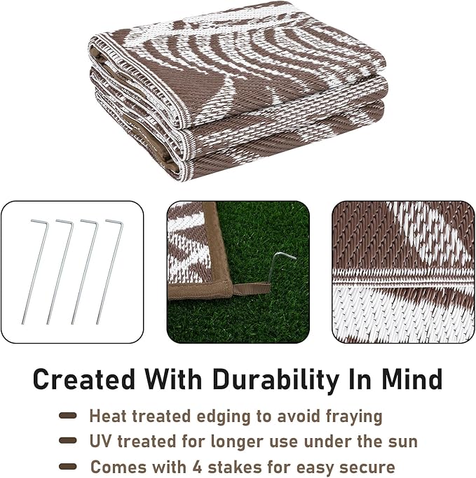 HiiARug Outdoor Rug 6x9Ft Outdoor Plastic Straw Rug Waterproof Outdoor Rugs for Patios Clearance Large Reversible Patio Mat Outdoor Area Rug for Patios Deck Beach RV Camper Backyard,Brown&White-VerdiqueGarden