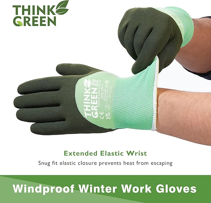 COOLJOB Thick Fleece Lined Winter Thermal Warm Freezer Work Gloves, 100% Recycled Polyester Base with Non-Slip Grip, Windproof for Cold Weather, 1 Pair, Large, Green-VerdiqueGarden