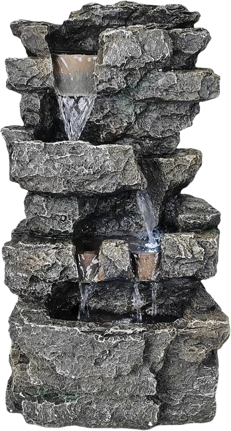 Tabletop Rock Waterfall Fountain with Led Lights - Indoor Decorative Desk Water Fountain, Multi-Tier Design, Quiet and Soothing, 6.29" l x 4.33" w x 11.02" h-VerdiqueGarden