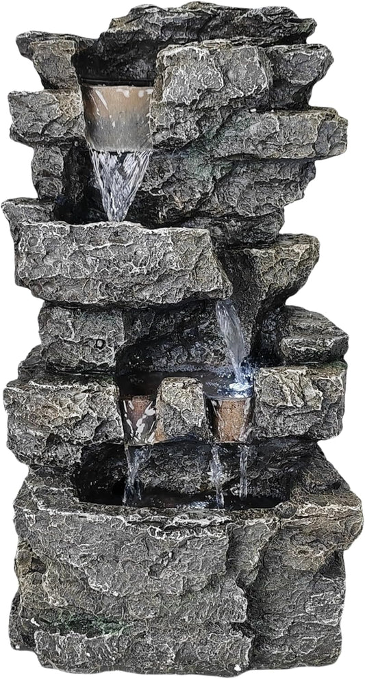 Tabletop Rock Waterfall Fountain with Led Lights - Indoor Decorative Desk Water Fountain, Multi-Tier Design, Quiet and Soothing, 6.29" l x 4.33" w x 11.02" h-VerdiqueGarden