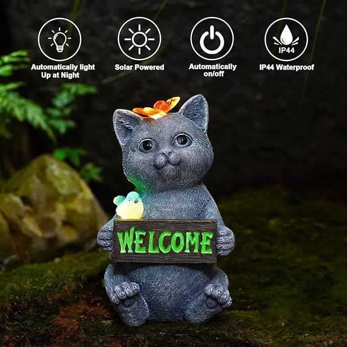 Goodeco Solar Cat with Welcome Sign - Outdoor Cat Statue with Solar Butterfly & Bird Lights - Perfect Cat Decor for Cat Lovers, Ideal Housewarming Gifts for Women & Moms (Gray)-VerdiqueGarden