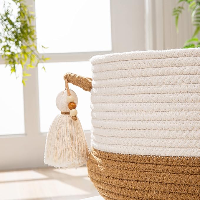 KAKAMAY Woven Baskets for Storage(16"x8"),Blanket Basket for Organizing Living Room,Cotton Rope Basket Woven Baby Laundry Hamper,Collapsible Laundry Room Organization,Clothes,Toy Chest(Brown)-VerdiqueGarden